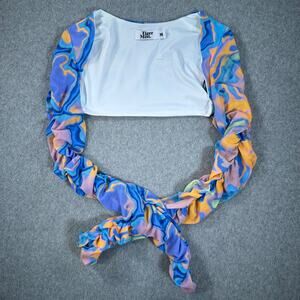 Tiger Mist Graffiti Bolero Ruched Long Sleeve Sz Medium Blue Orange Purple Mesh